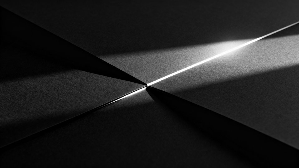 Two planes of black paper meeting along one lit line.